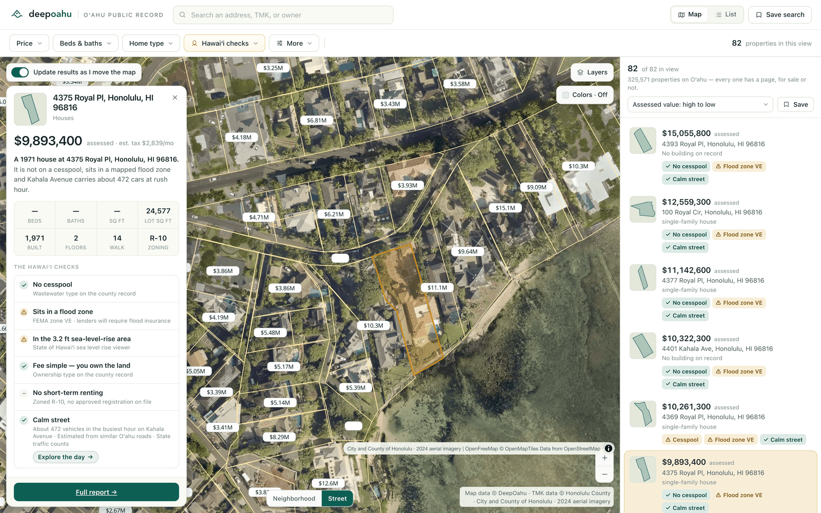 The Deep Oʻahu map with one Oʻahu parcel selected over 2024 aerial imagery, showing its public record beside the boundary.