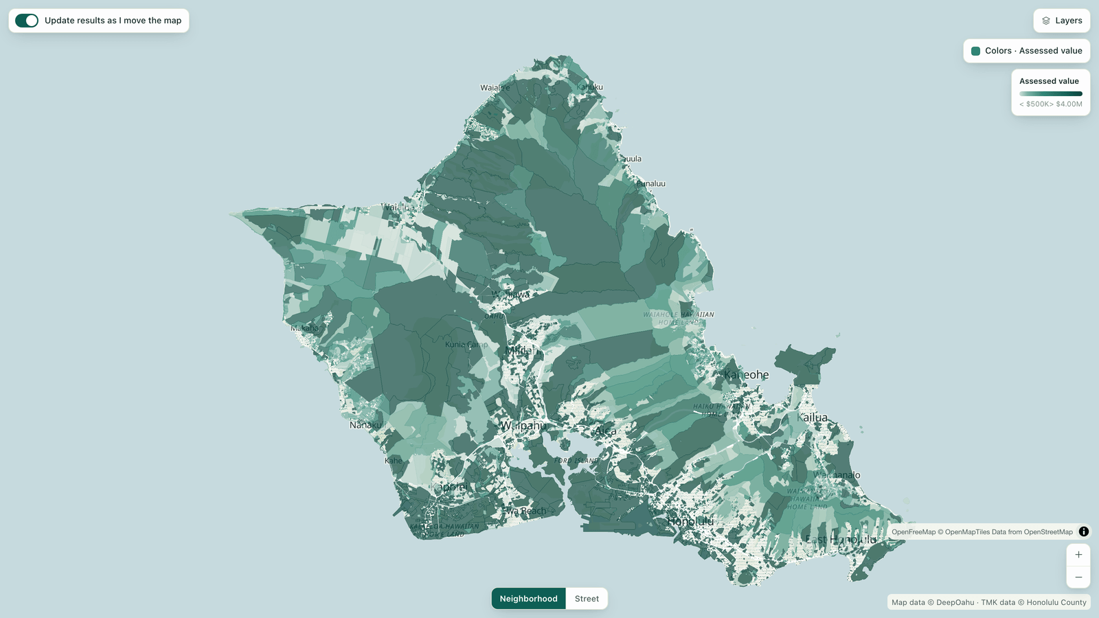 The Deep Oʻahu map zoomed out to the whole of Oʻahu with parcels coloured by a single thematic record.