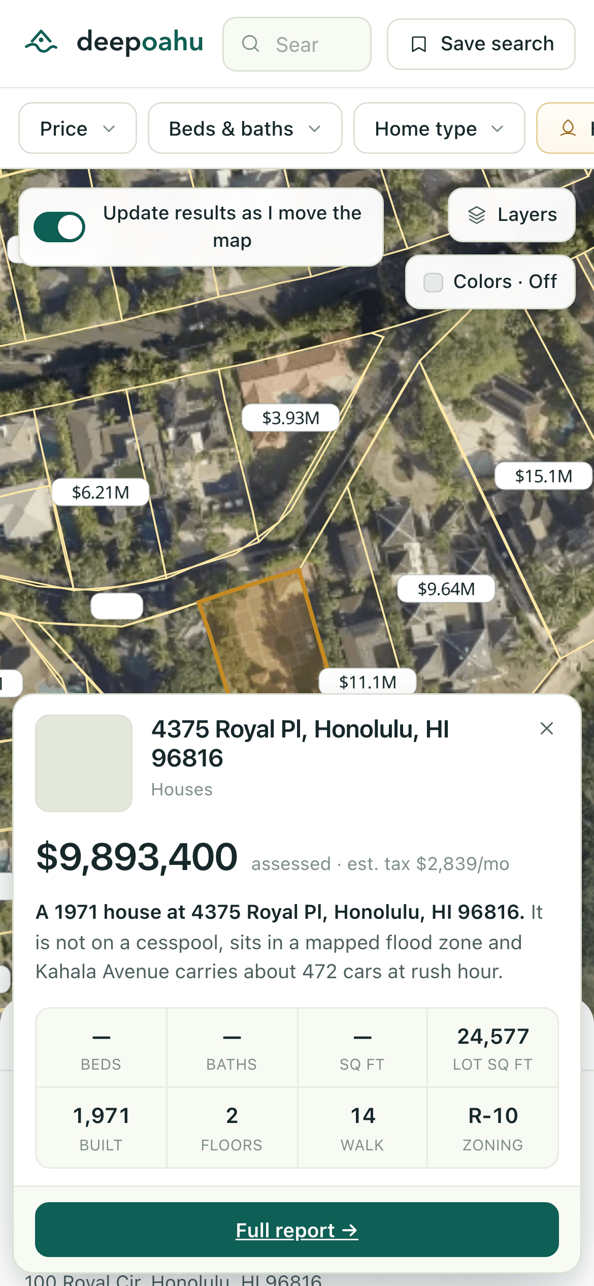 The Deep Oʻahu map on a phone, one parcel outlined over 2024 aerial imagery, with a preview card giving its assessed value, lot size, year built and zoning.
