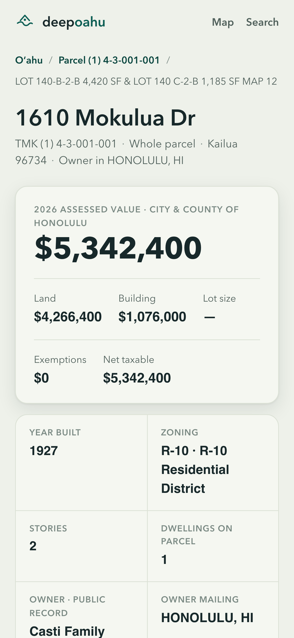 The same Deep Oʻahu property page on a phone: the address, the assessed value and the facts grid, each field carrying its source.