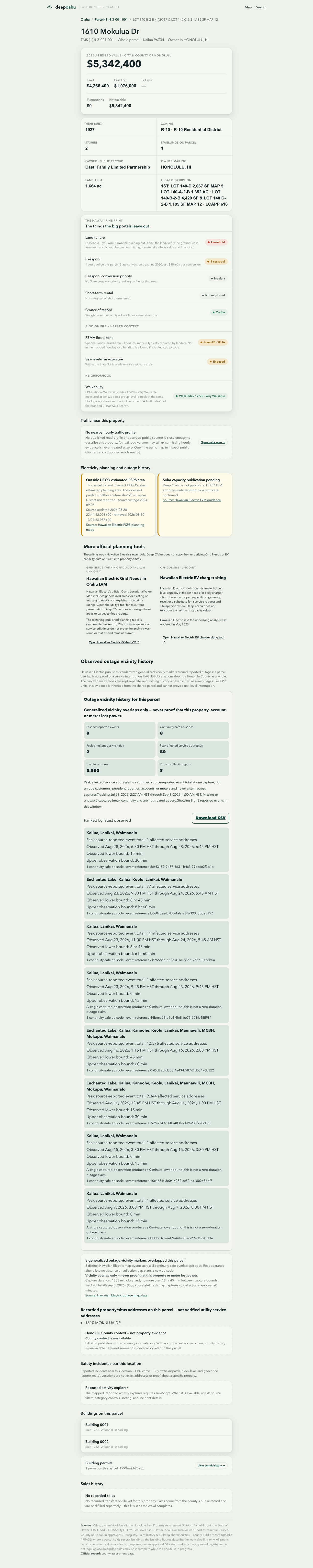 A Deep Oʻahu property page for a single Oʻahu address, showing the assessment, land tenure and Hawaiʻi checks with a source line under each.